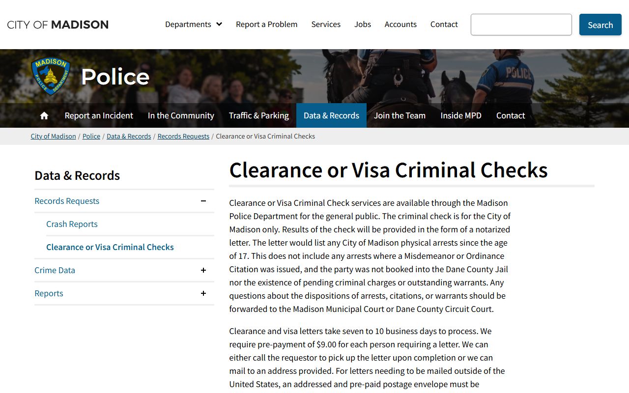 Madison Criminal History police criminal check page