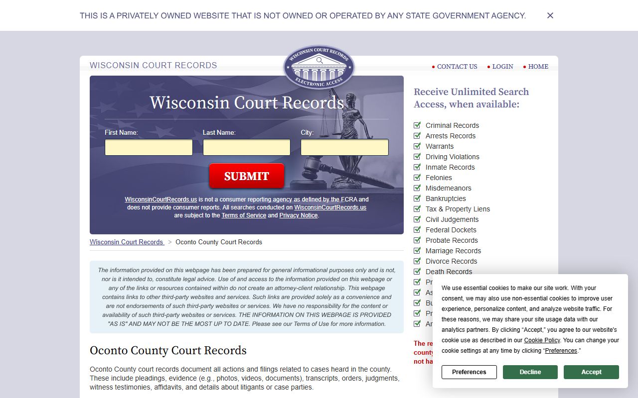 Oconto County Criminal History court records guide page