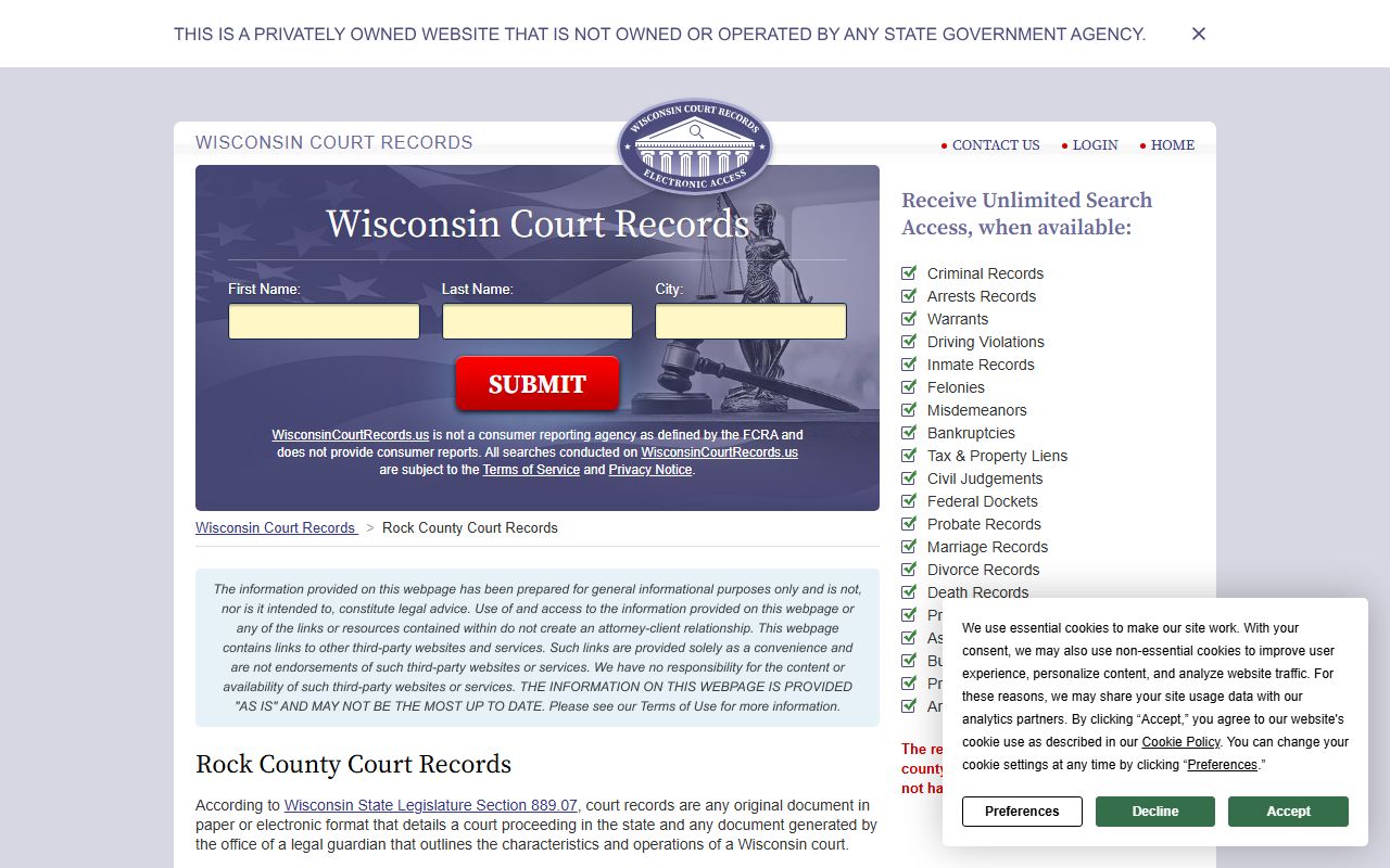 Rock County Criminal History court records guide page