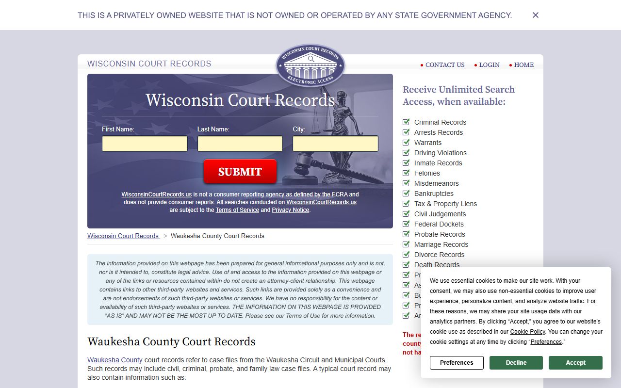 Waukesha County Criminal History court records guide page