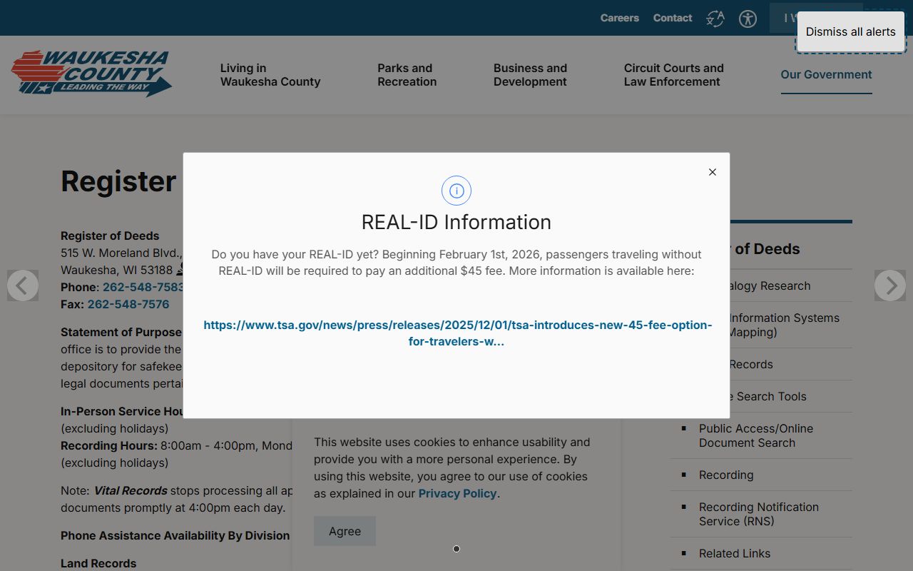 Waukesha County Criminal History register of deeds page