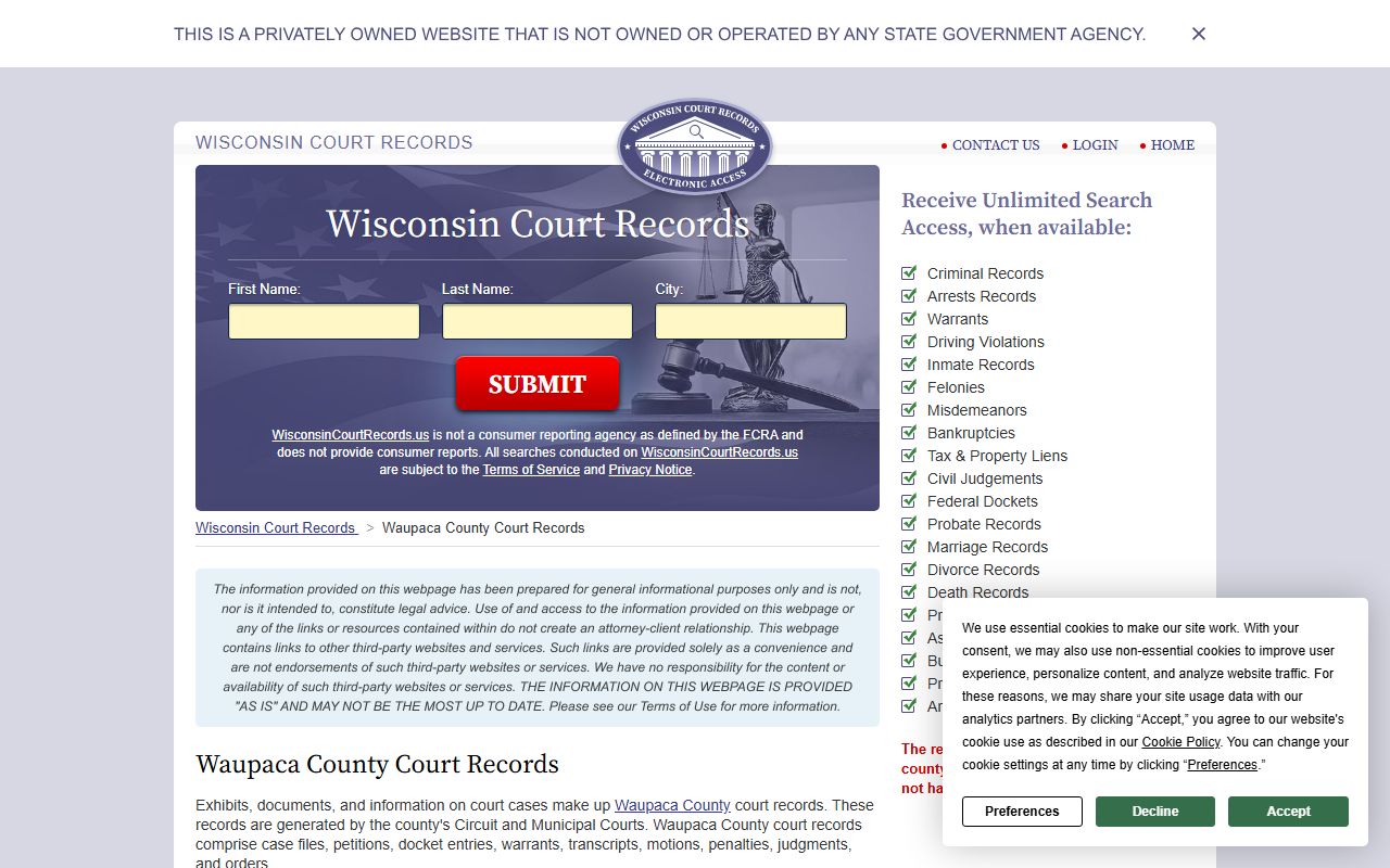 Waupaca County Criminal History court records guide page