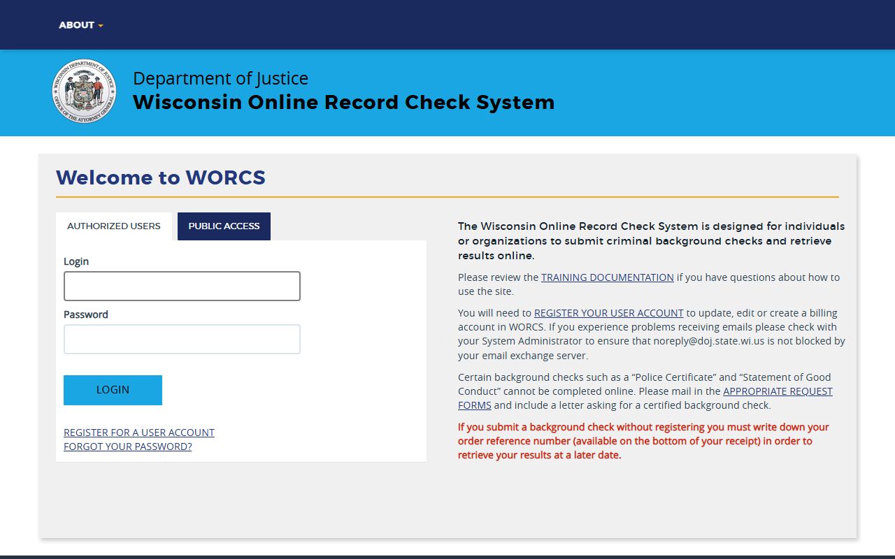 Wisconsin Criminal History WORCS online record check portal