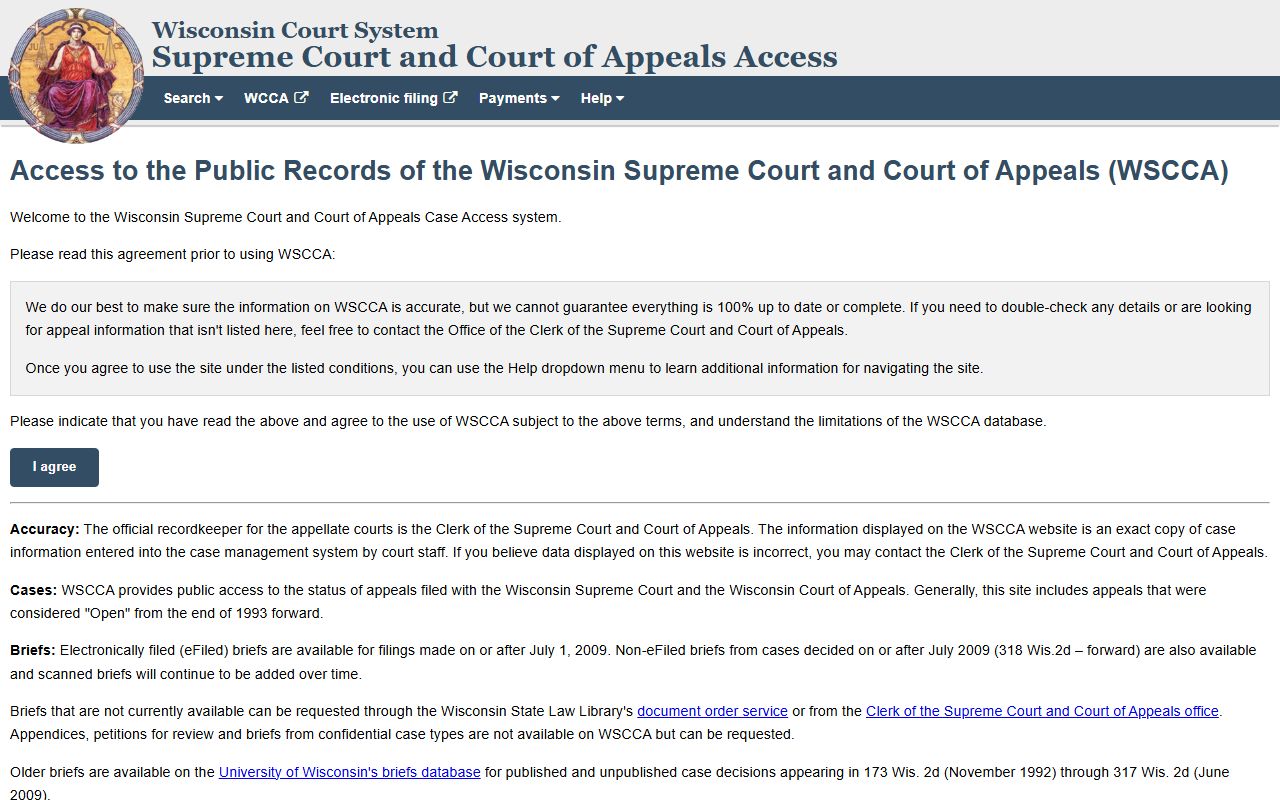Wisconsin Criminal History WSCCA appellate access screen