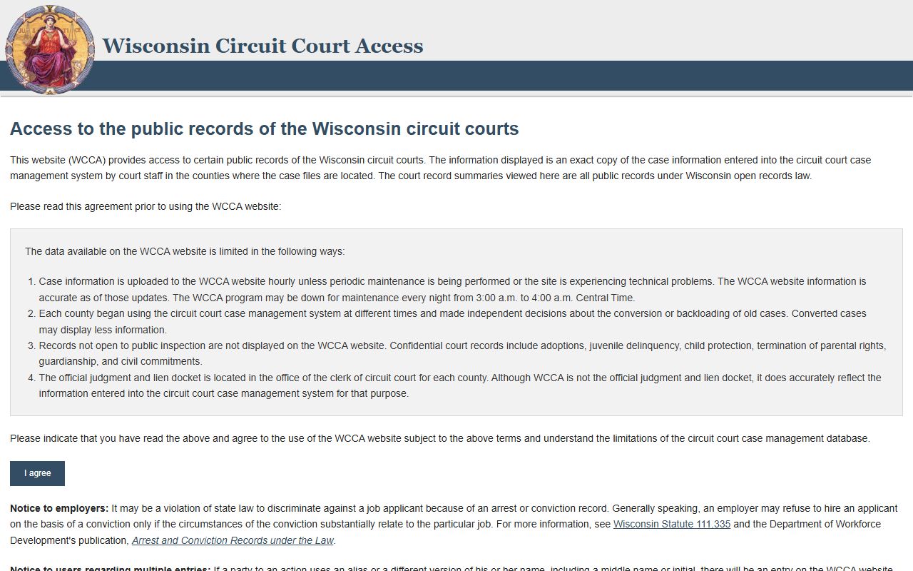 Wisconsin Criminal History WCCA circuit court access screen